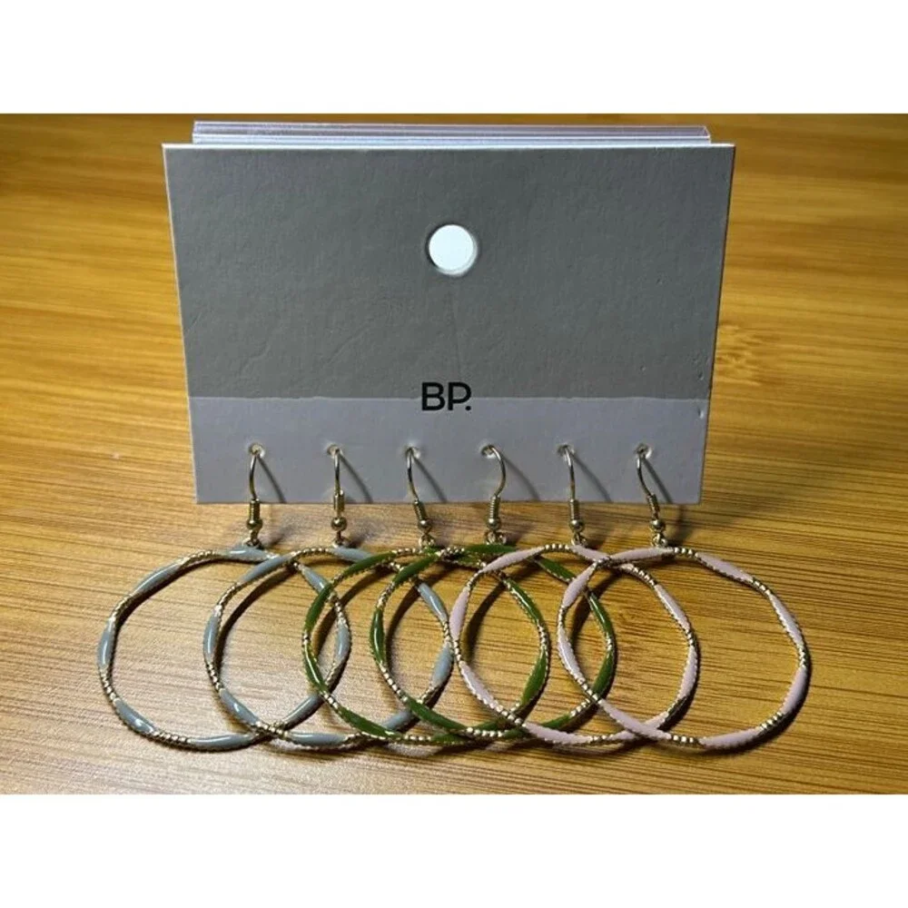 BP. 3-Pair Enamel Hoop Earrings Set Gray Green Pink Gold Tone NWT New Boho